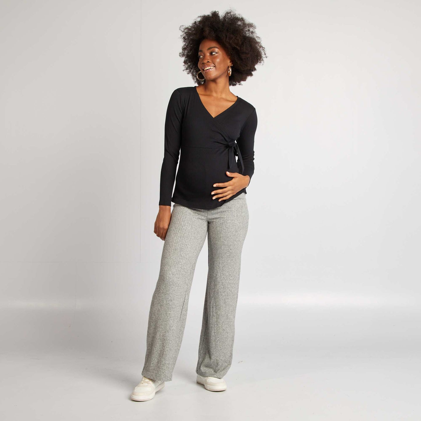 Stretchy wrap T-shirt with crossover neckline BLACK