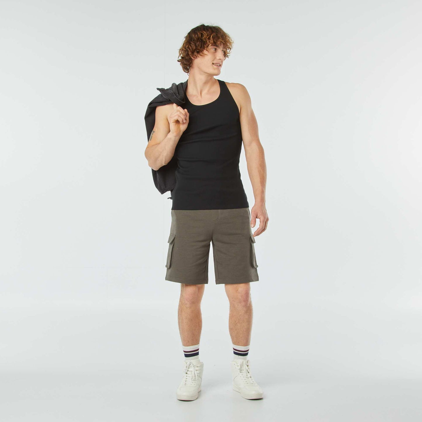 Multi-pocket sweatshirt fabric Bermuda shorts KHAKI