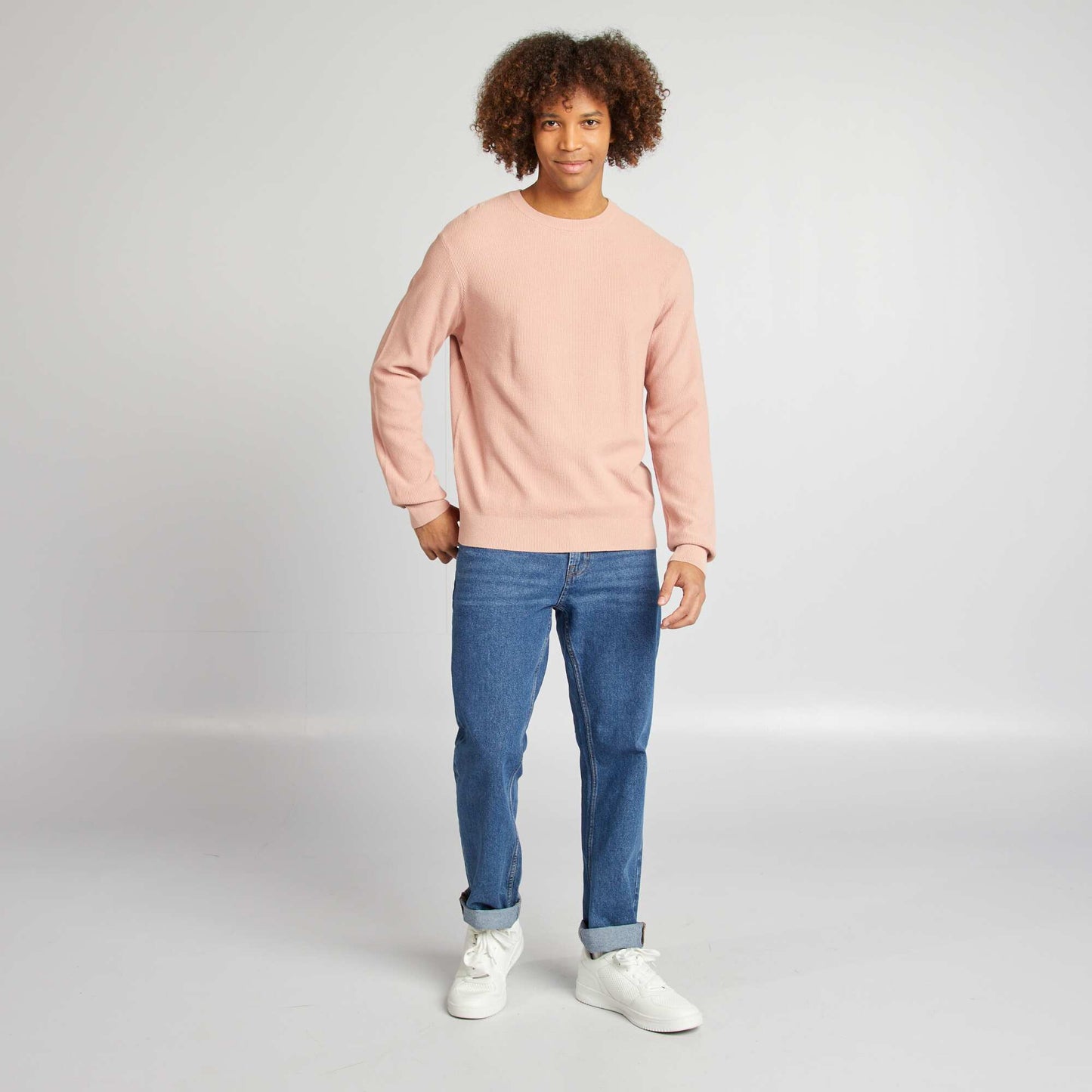 Round neck piqué knit sweater PINK