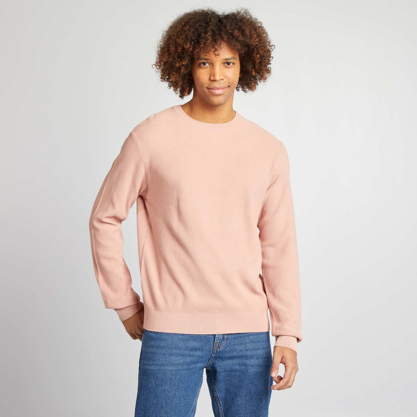 Round neck piqué knit sweater PINK