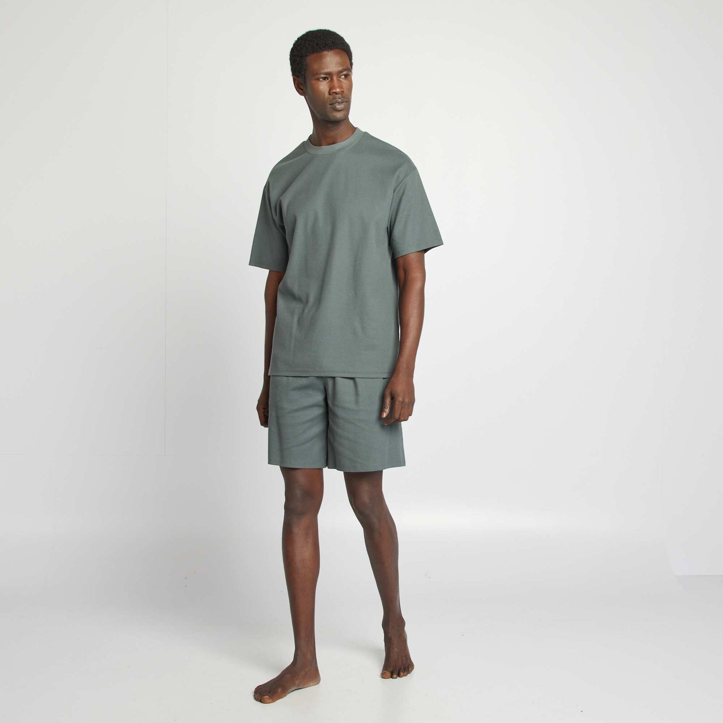 Short waffle knit pyjamas - 2-piece set GREEN