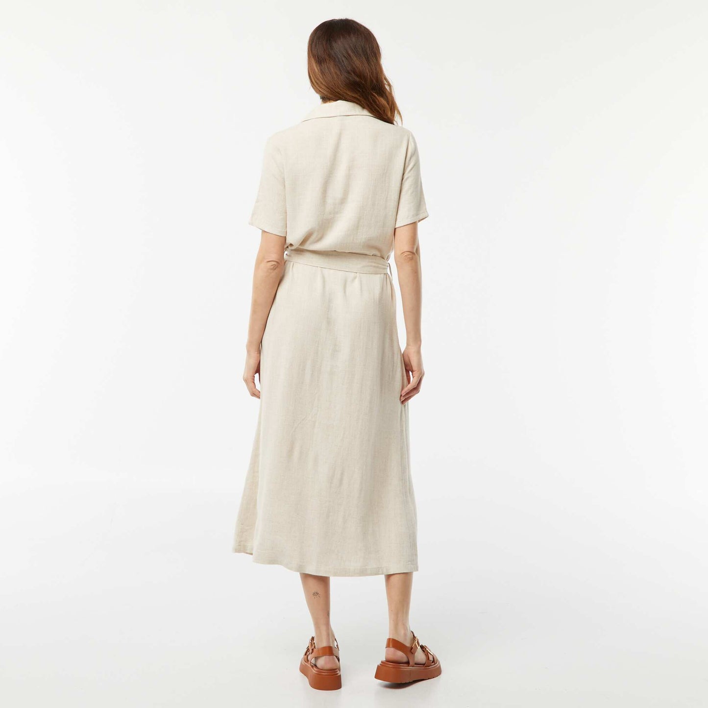 Short-sleeved linen blend long dress WHITE