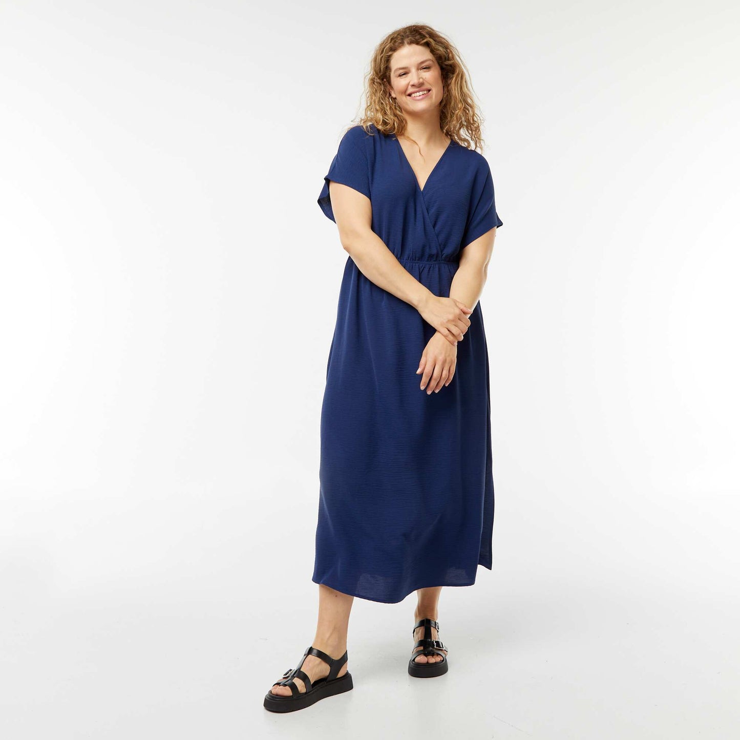 Stretch knit short-sleeved maxi dress BLUE