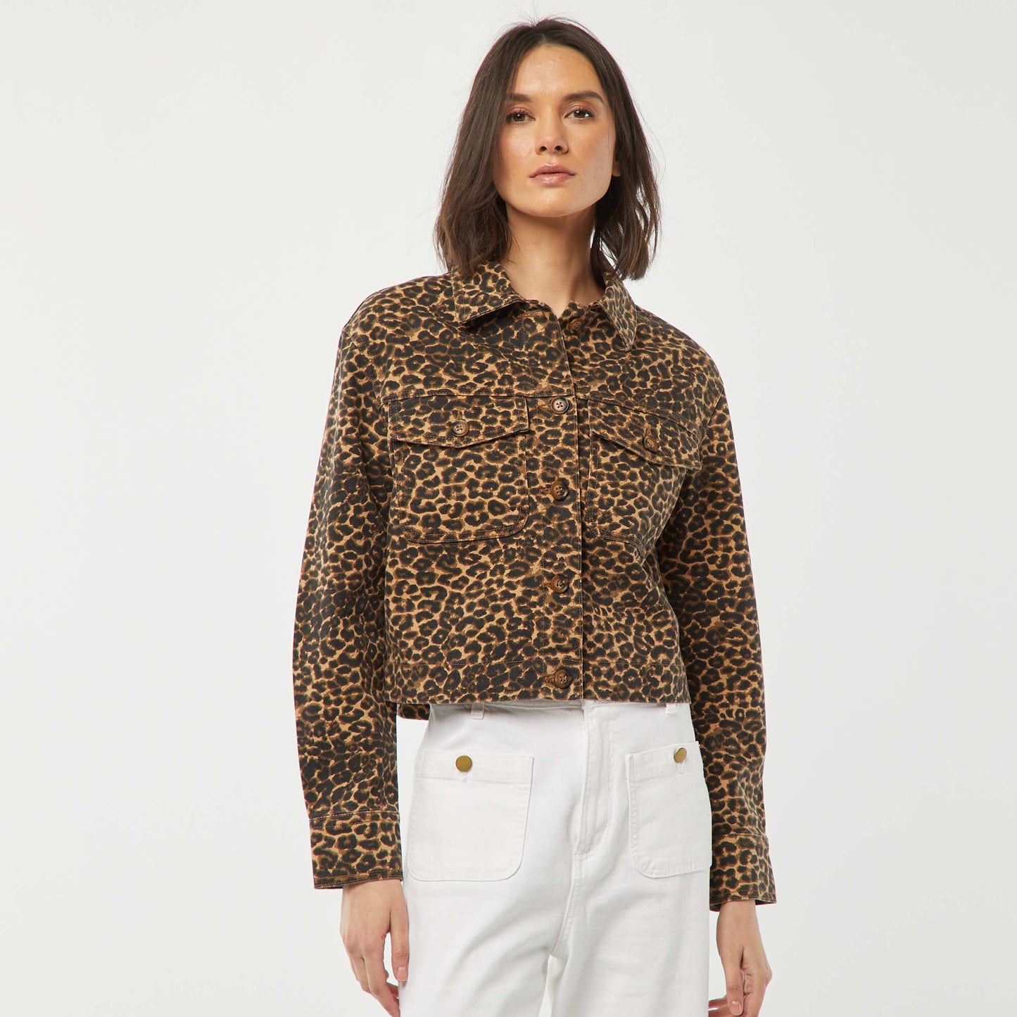Leopard print denim jacket BEIGE