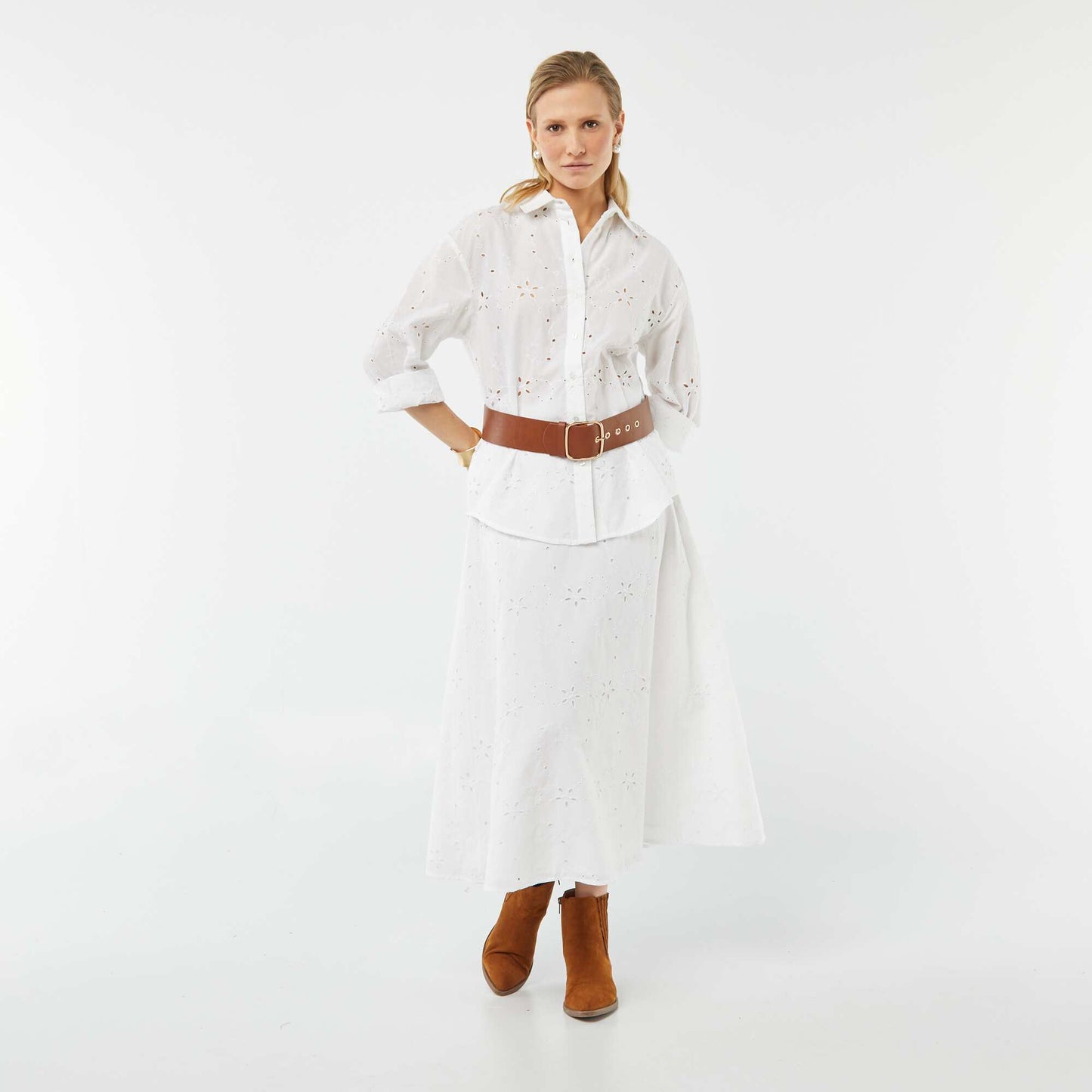 Plain midi skirt with broderie anglaise WHITE
