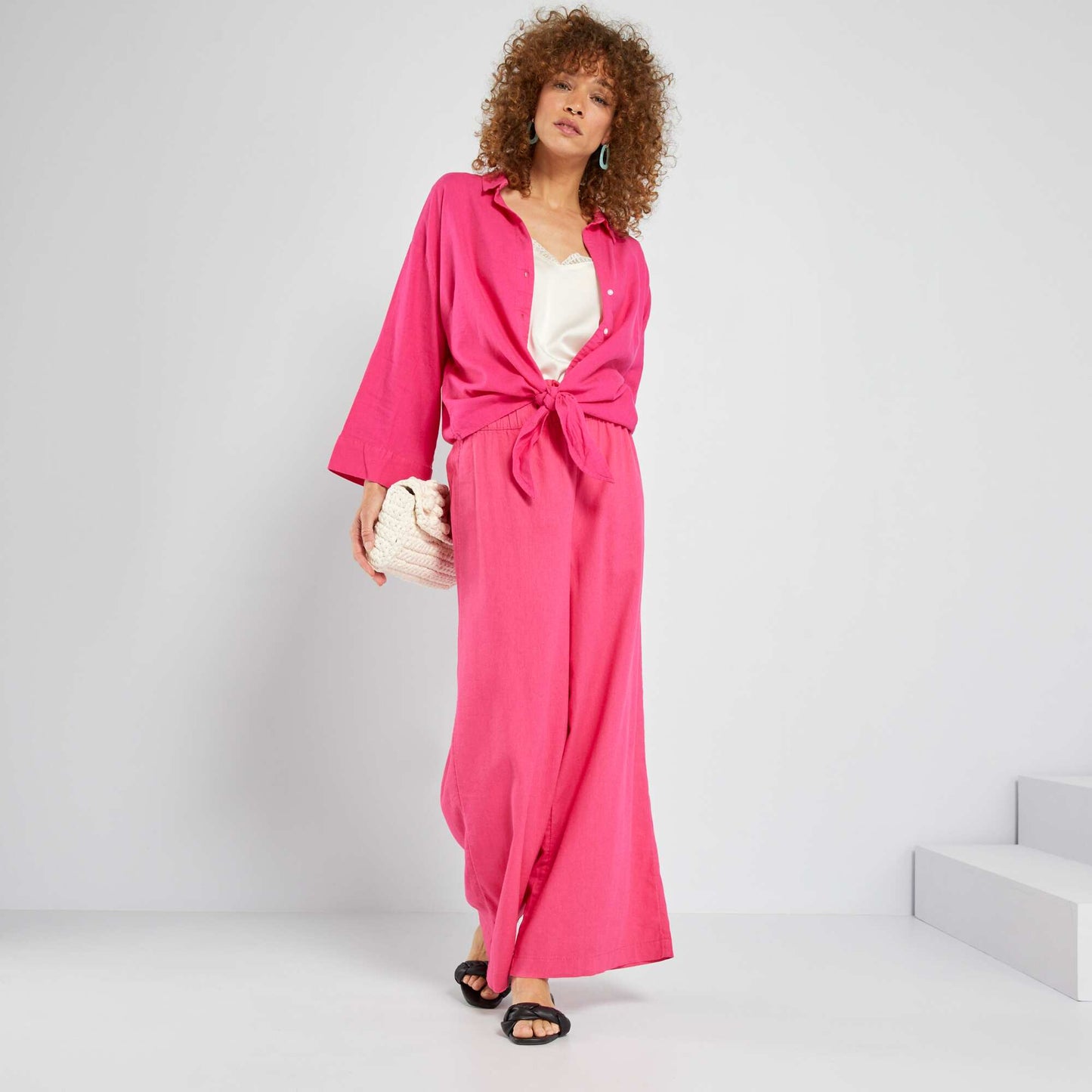 Wide-leg linen trousers bright pink