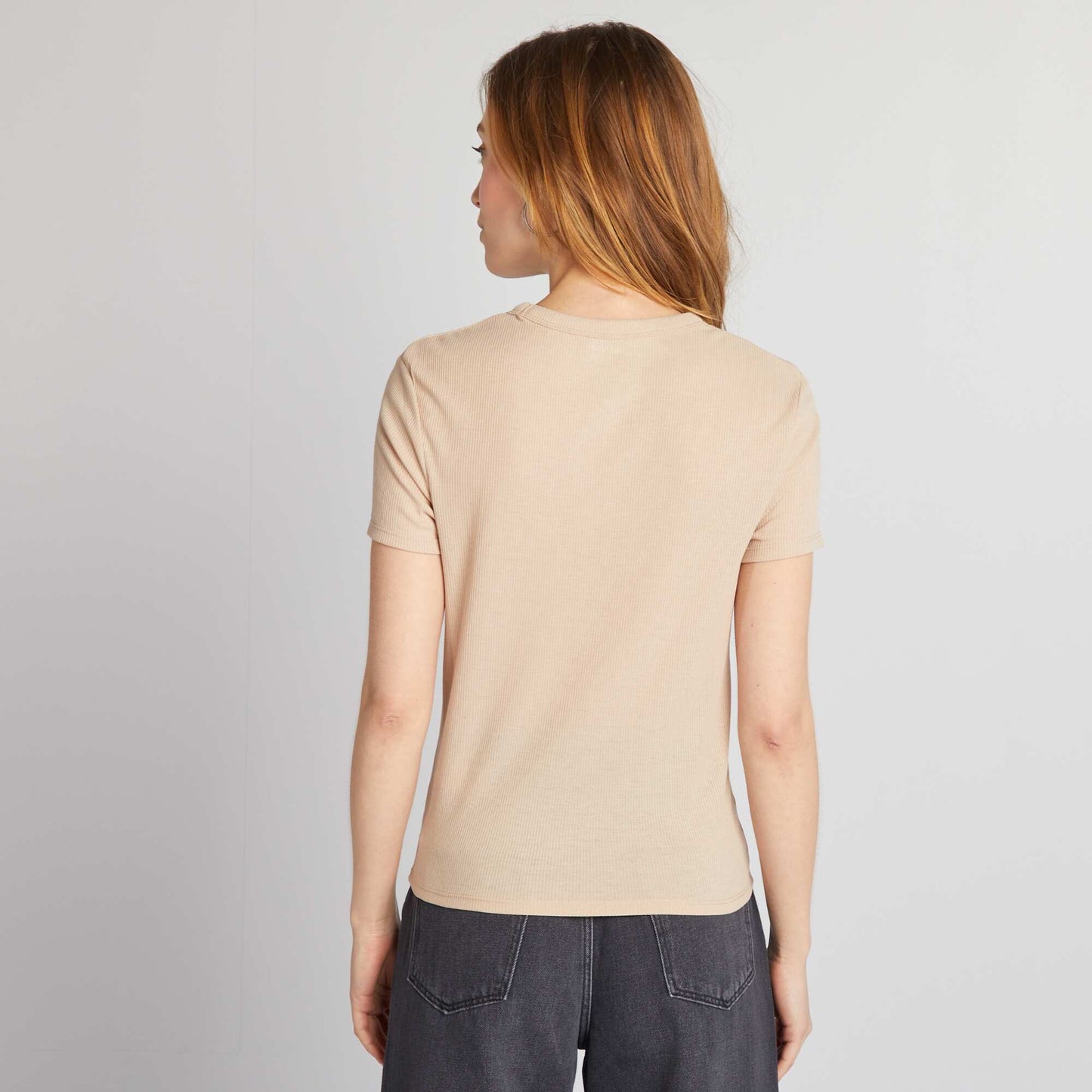 Ribbed knit T-shirt BEIGE