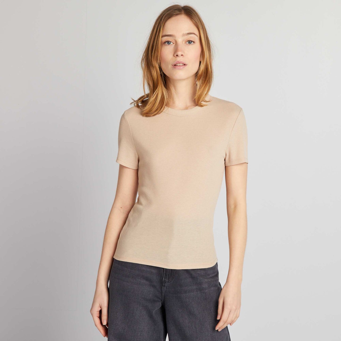 Ribbed knit T-shirt BEIGE