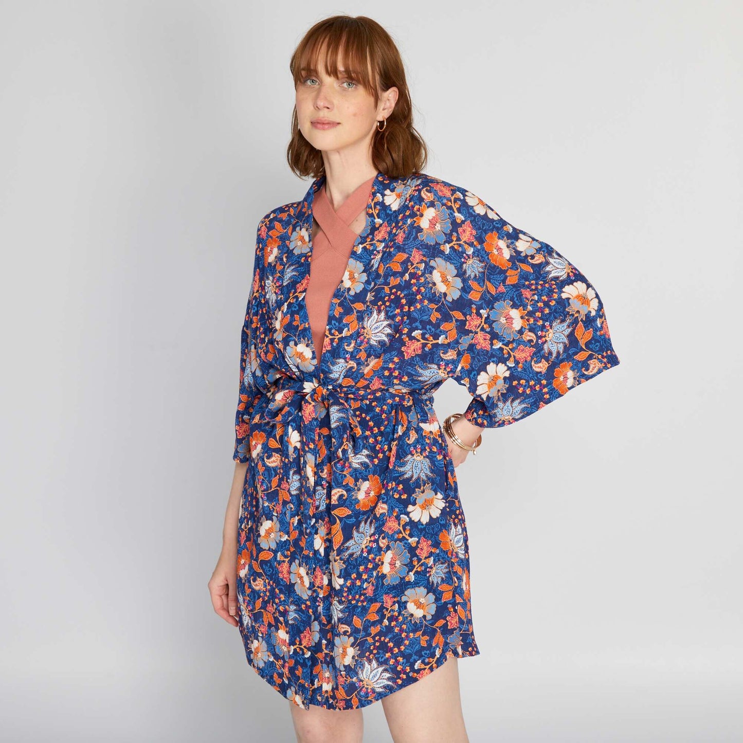 Printed belted kimono jacket BLUE