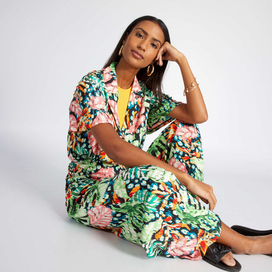 Tropical print blouse with pyjama collar GREEN