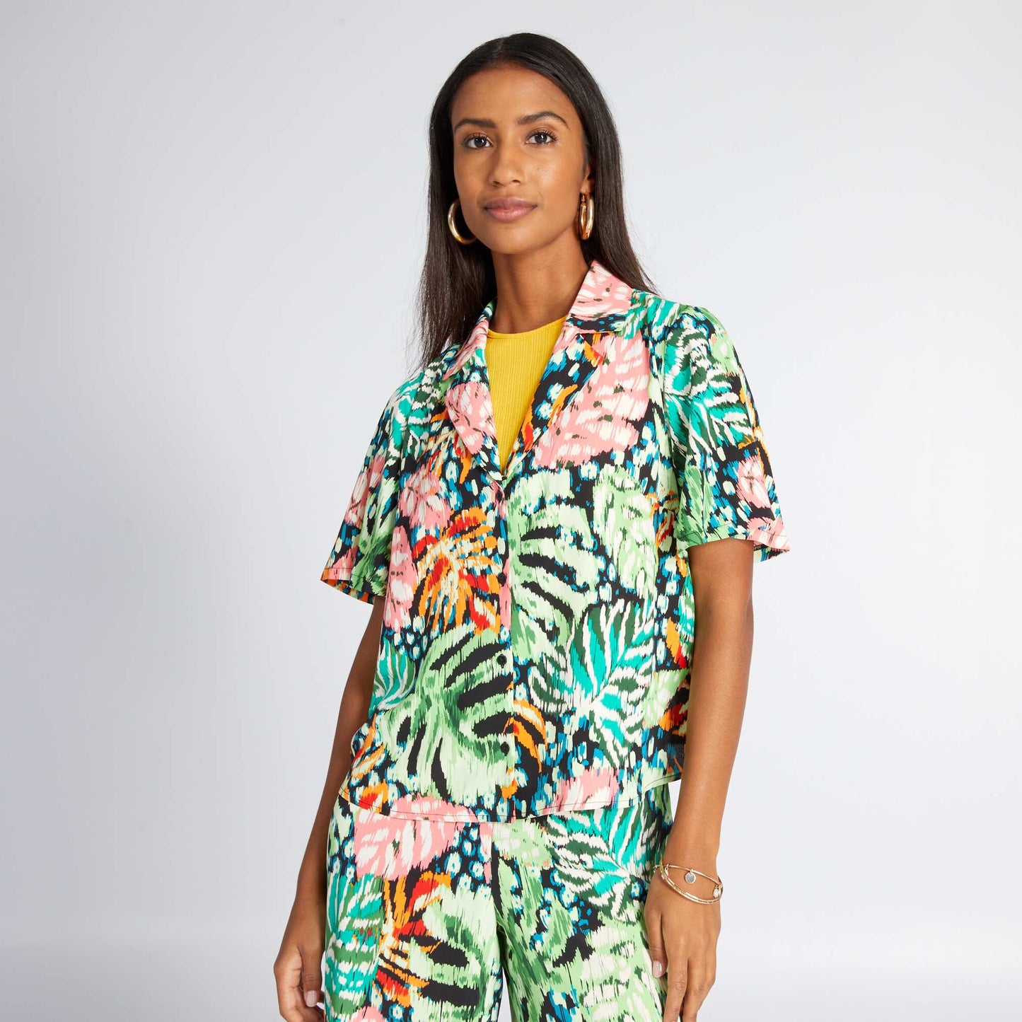 Tropical print blouse with pyjama collar GREEN