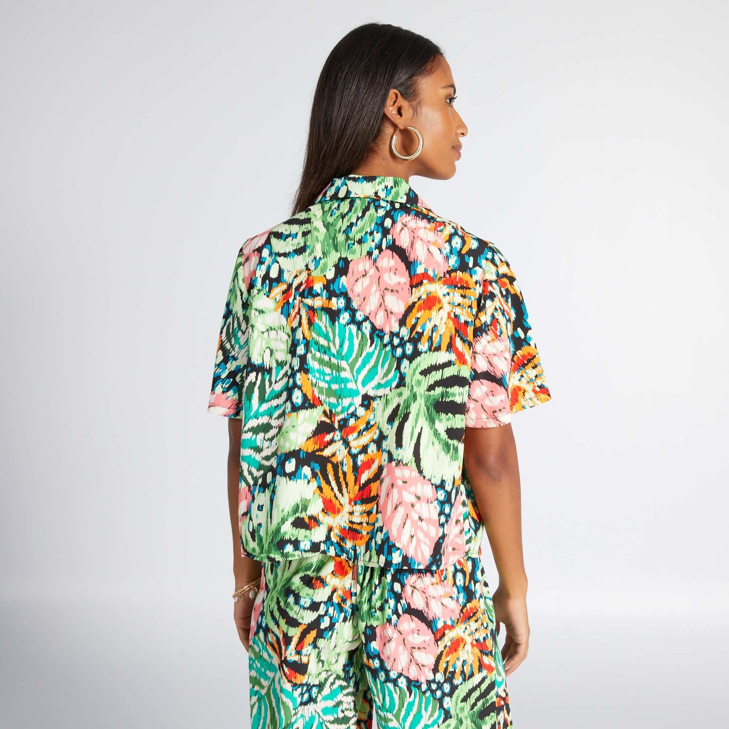 Tropical print blouse with pyjama collar GREEN