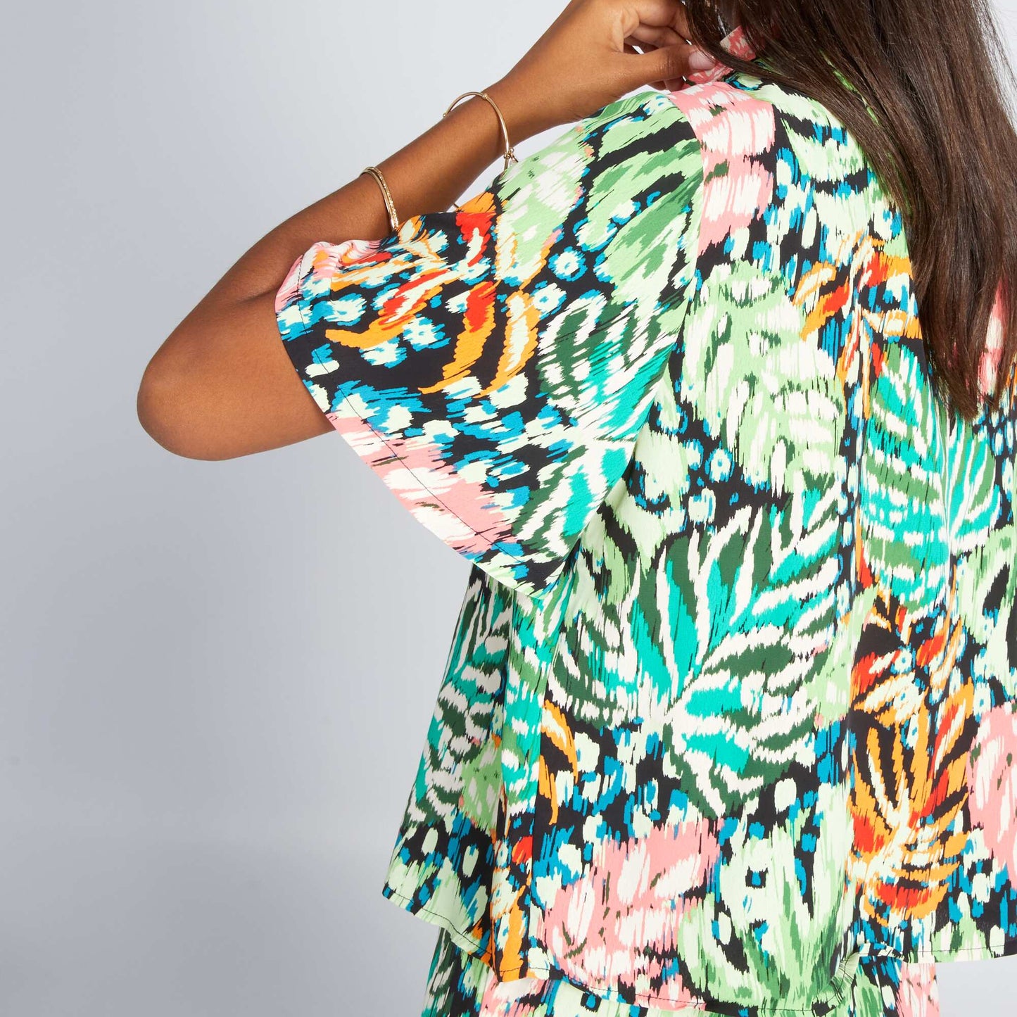 Tropical print blouse with pyjama collar GREEN