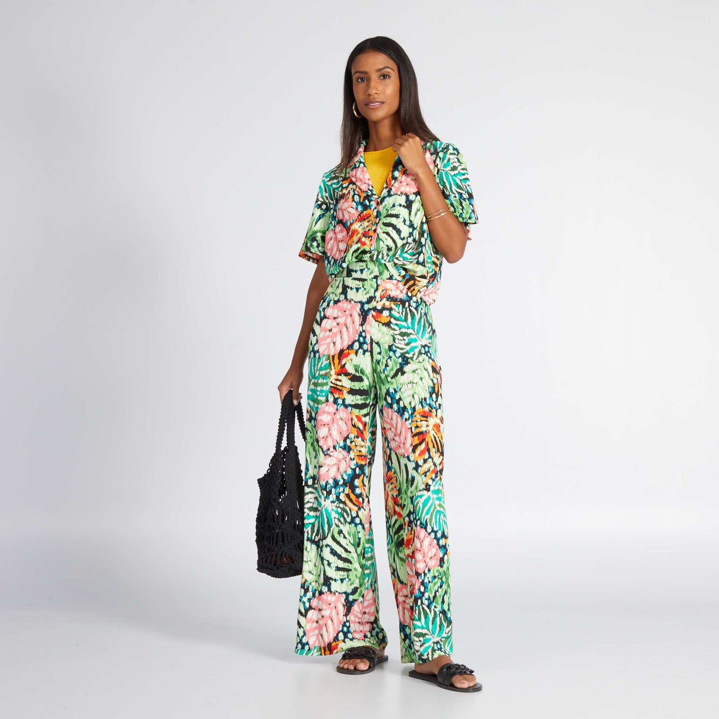 Tropical print blouse with pyjama collar GREEN