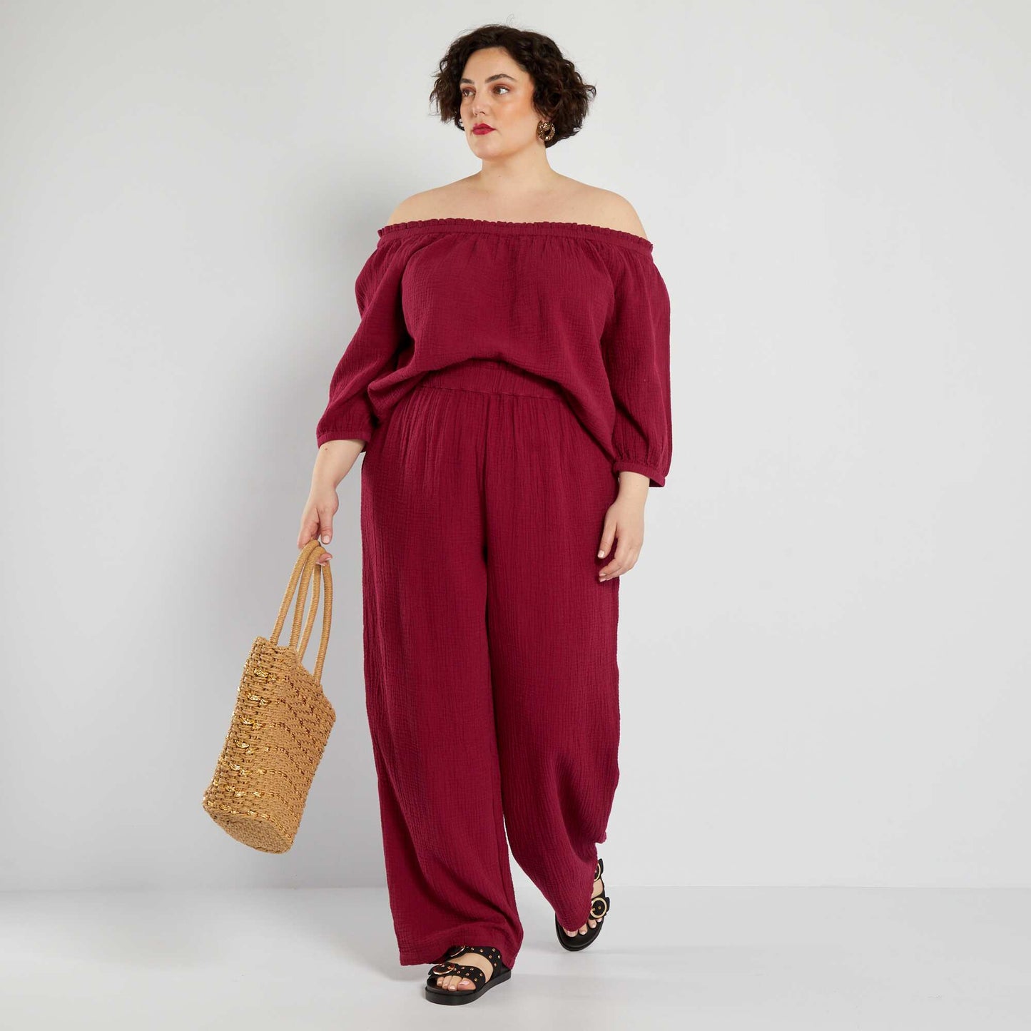 Wide-leg cotton gauze trousers RED BEET