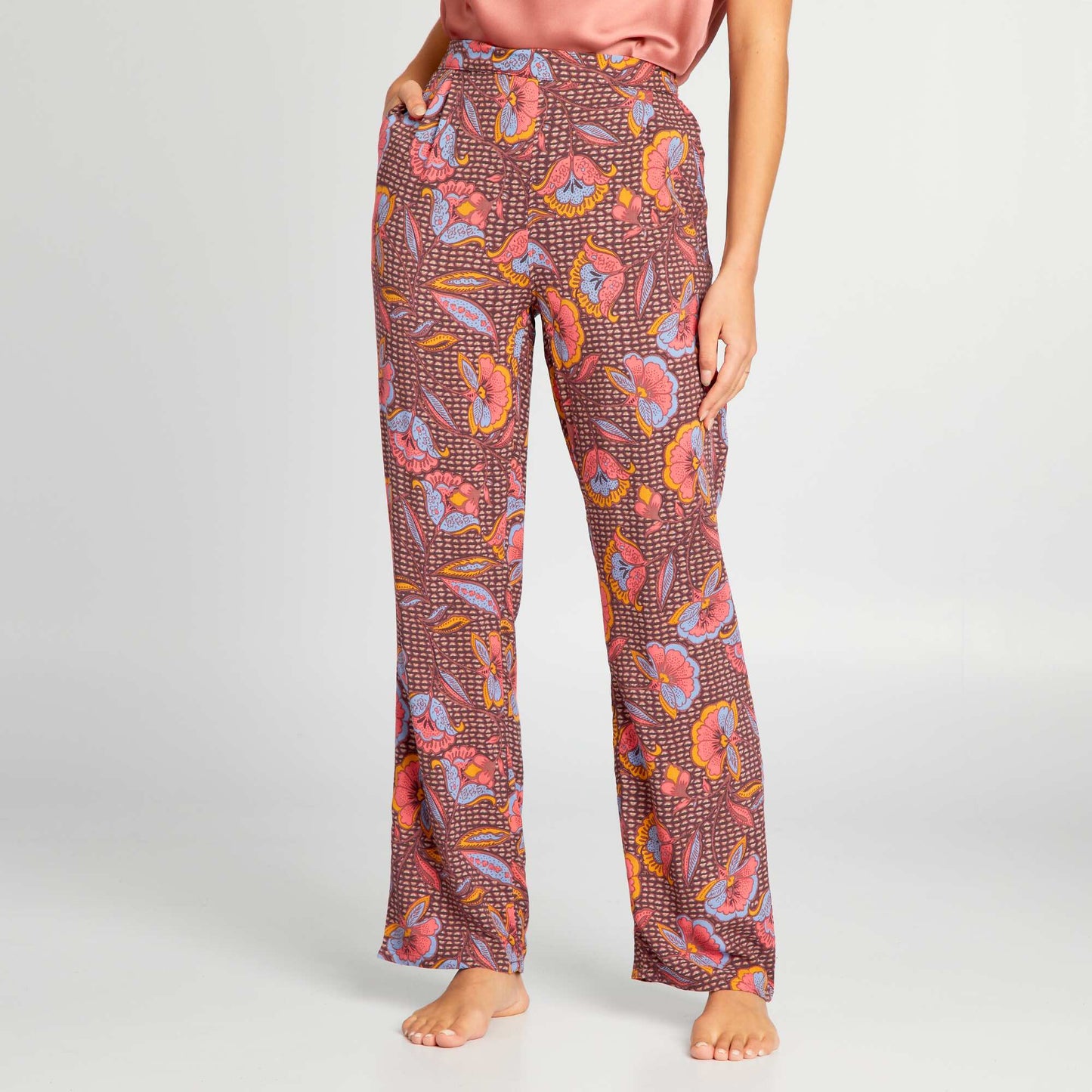 Printed wide-leg pyjama bottoms BROWN