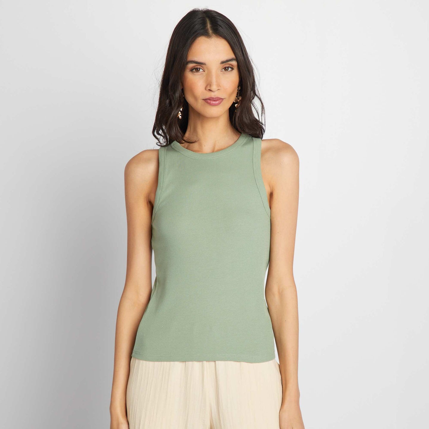 Ribbed vest top with cutaway arms GREEN