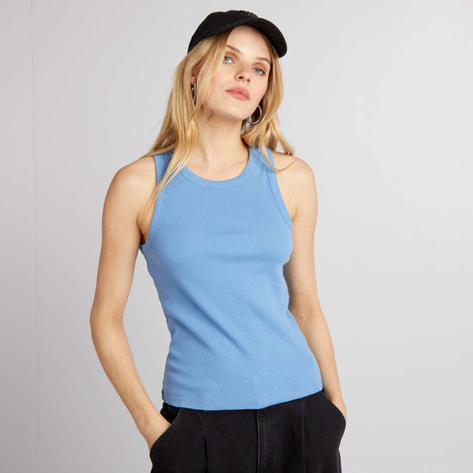 Ribbed vest top with cutaway arms BLUE