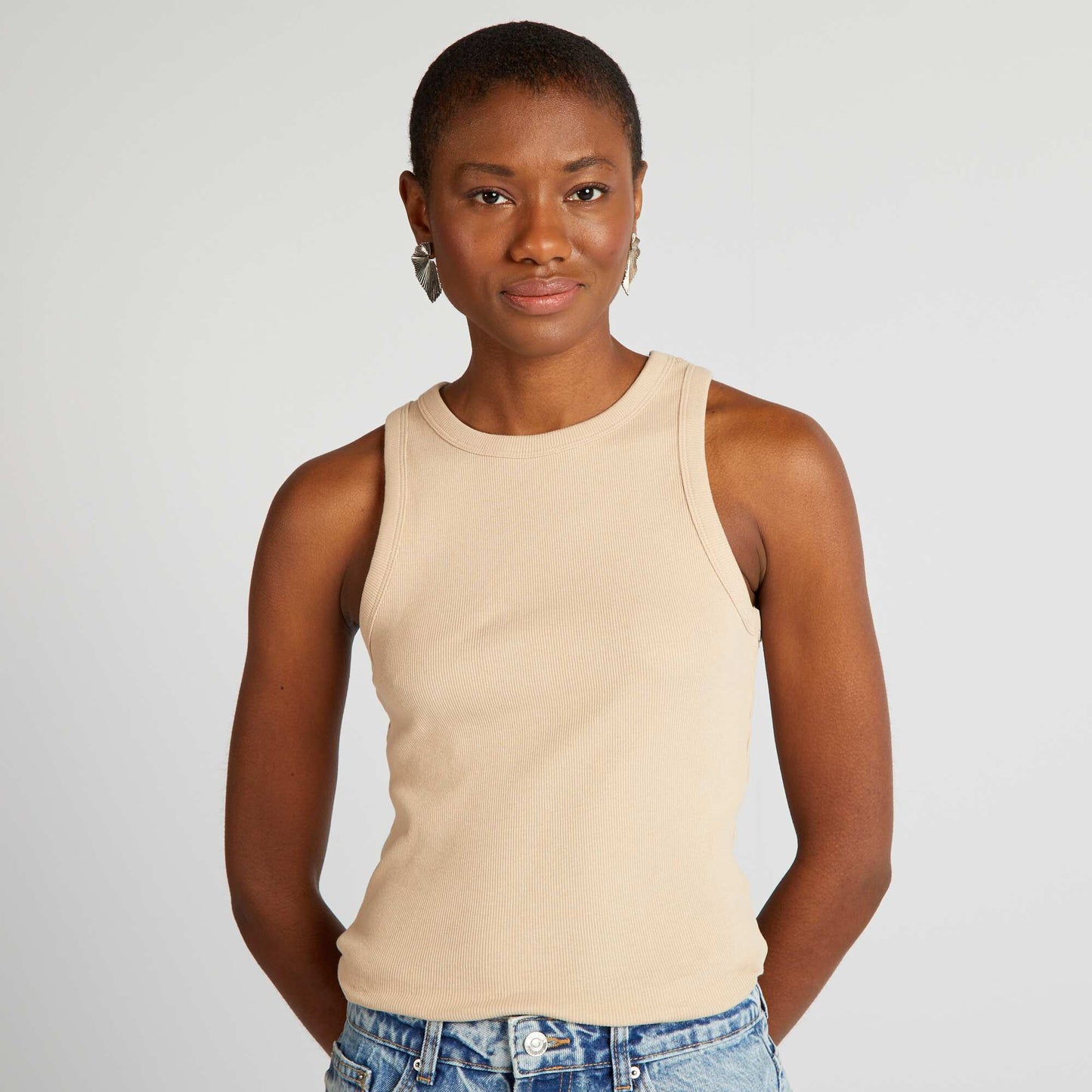 Ribbed vest top with cutaway arms BEIGE