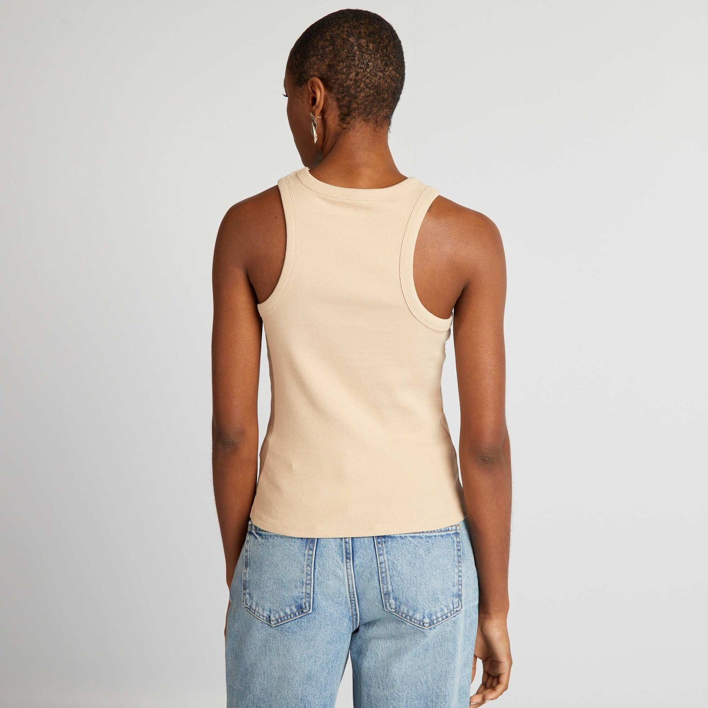 Ribbed vest top with cutaway arms BEIGE