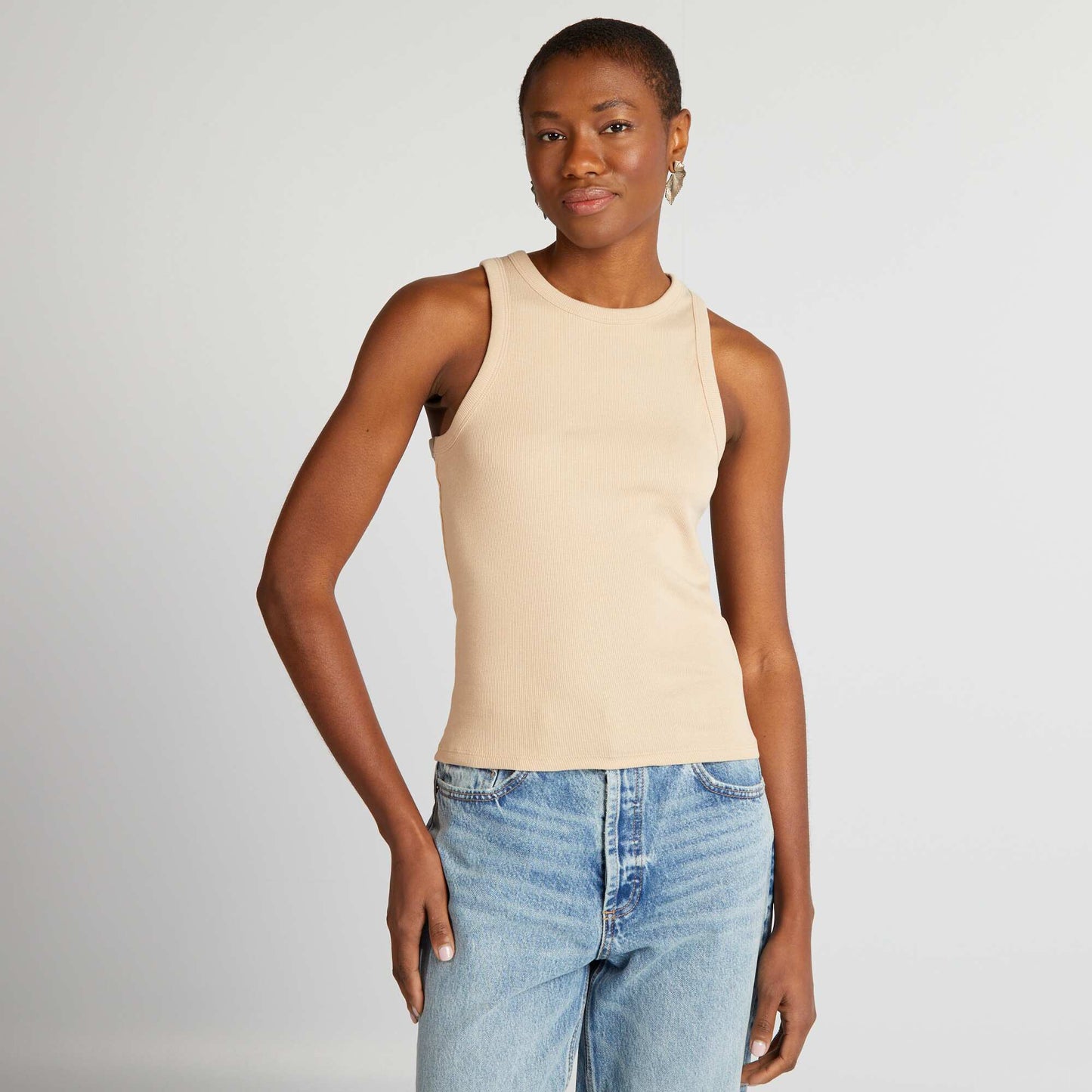 Ribbed vest top with cutaway arms BEIGE