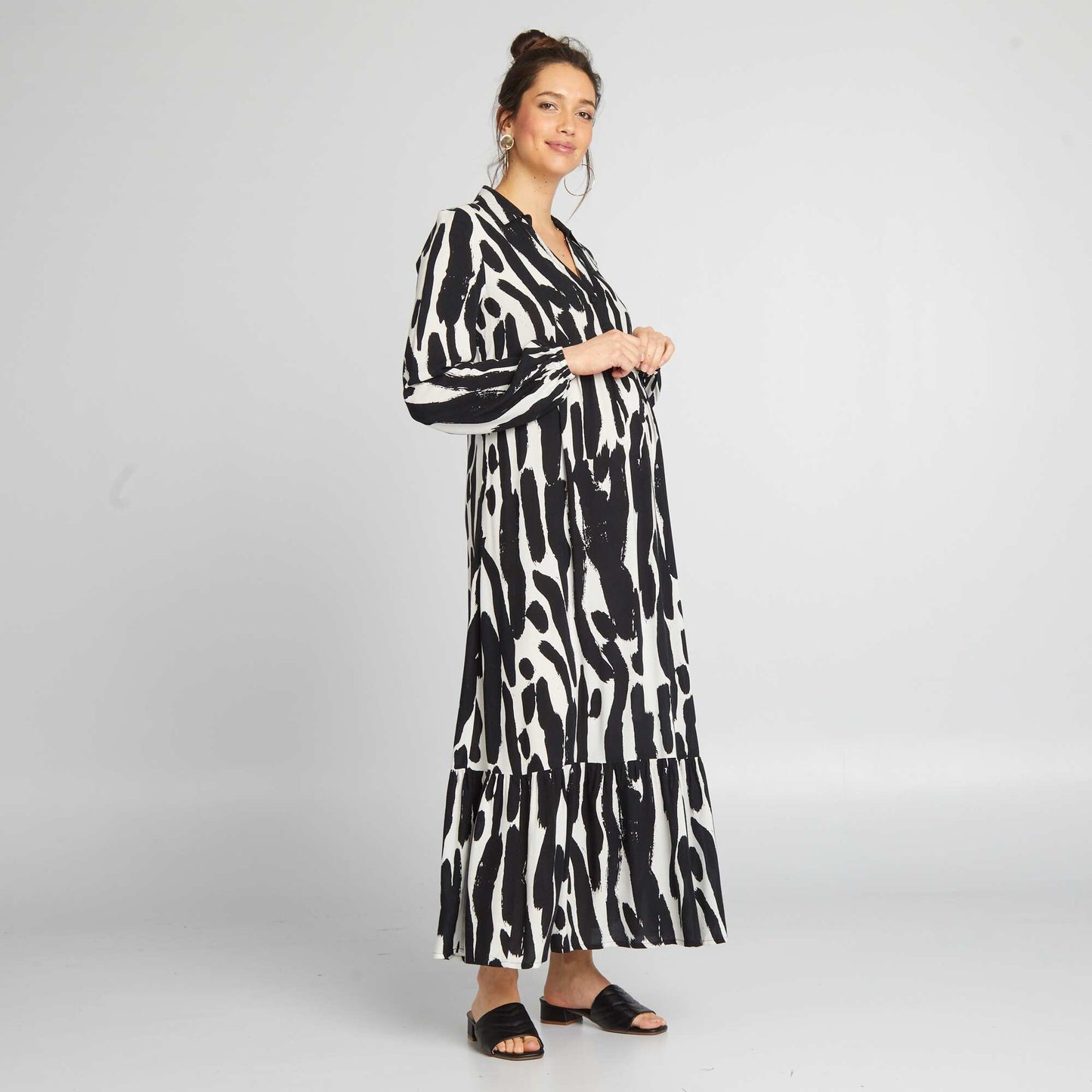 Long ruffled maternity dress BLACK