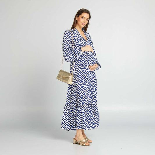 Long ruffled maternity dress BLUE