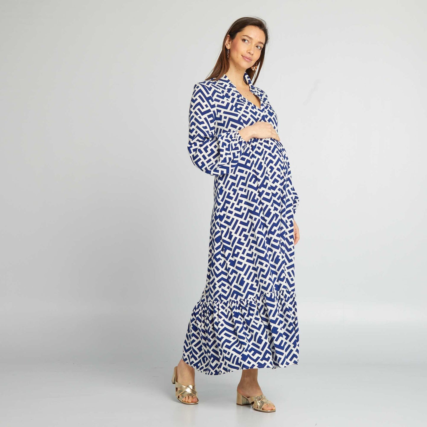 Long ruffled maternity dress BLUE