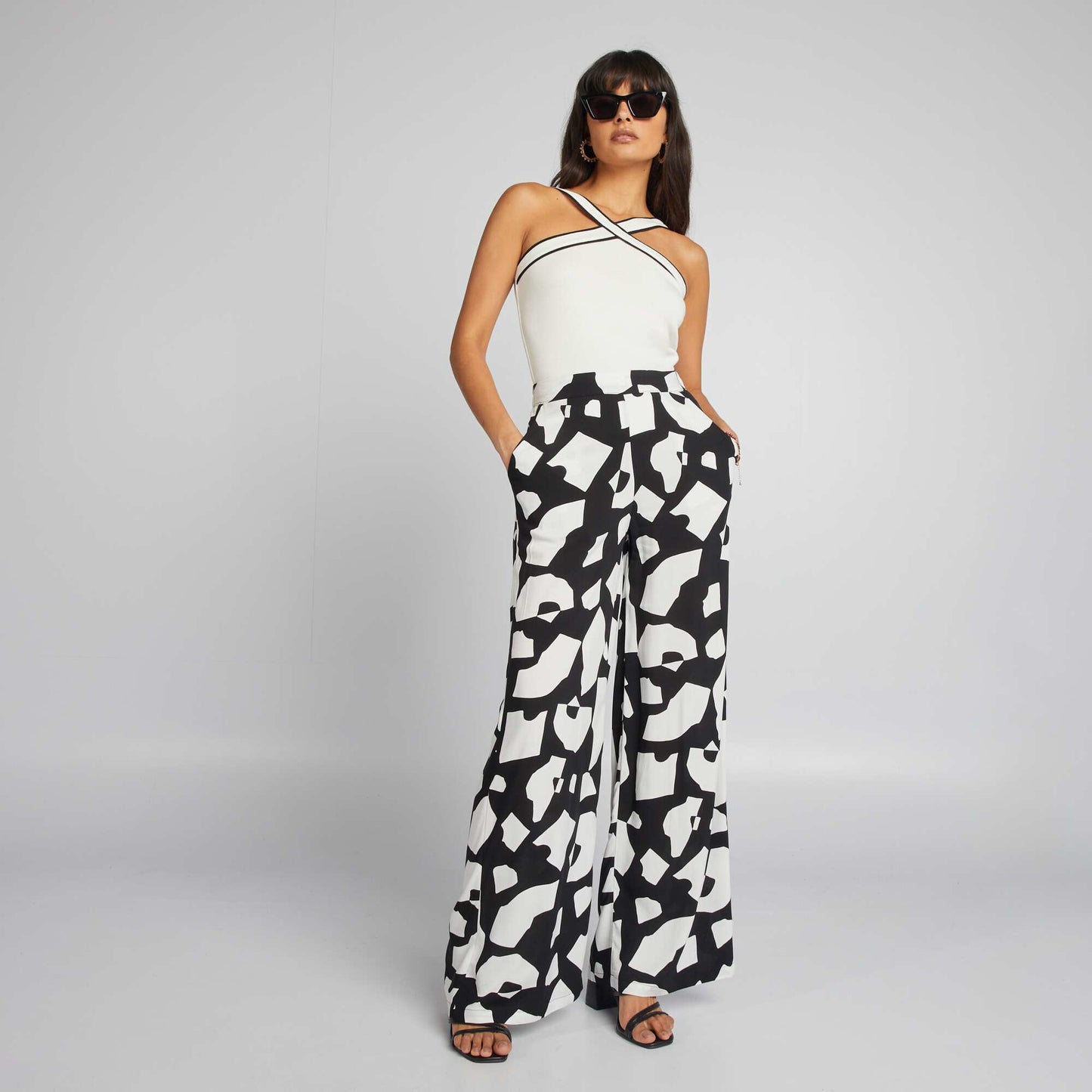 Printed wide-leg trousers BLACK