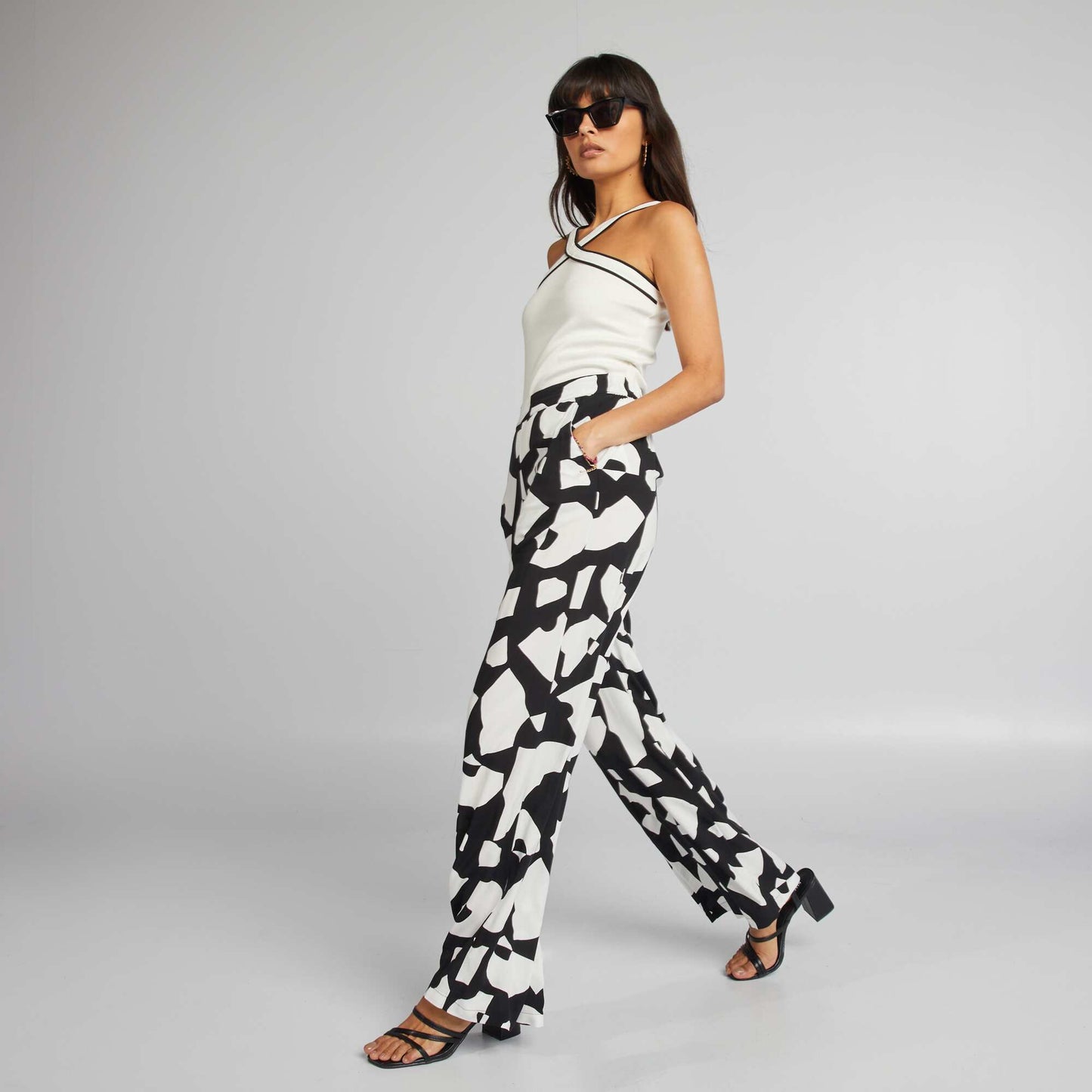 Printed wide-leg trousers BLACK