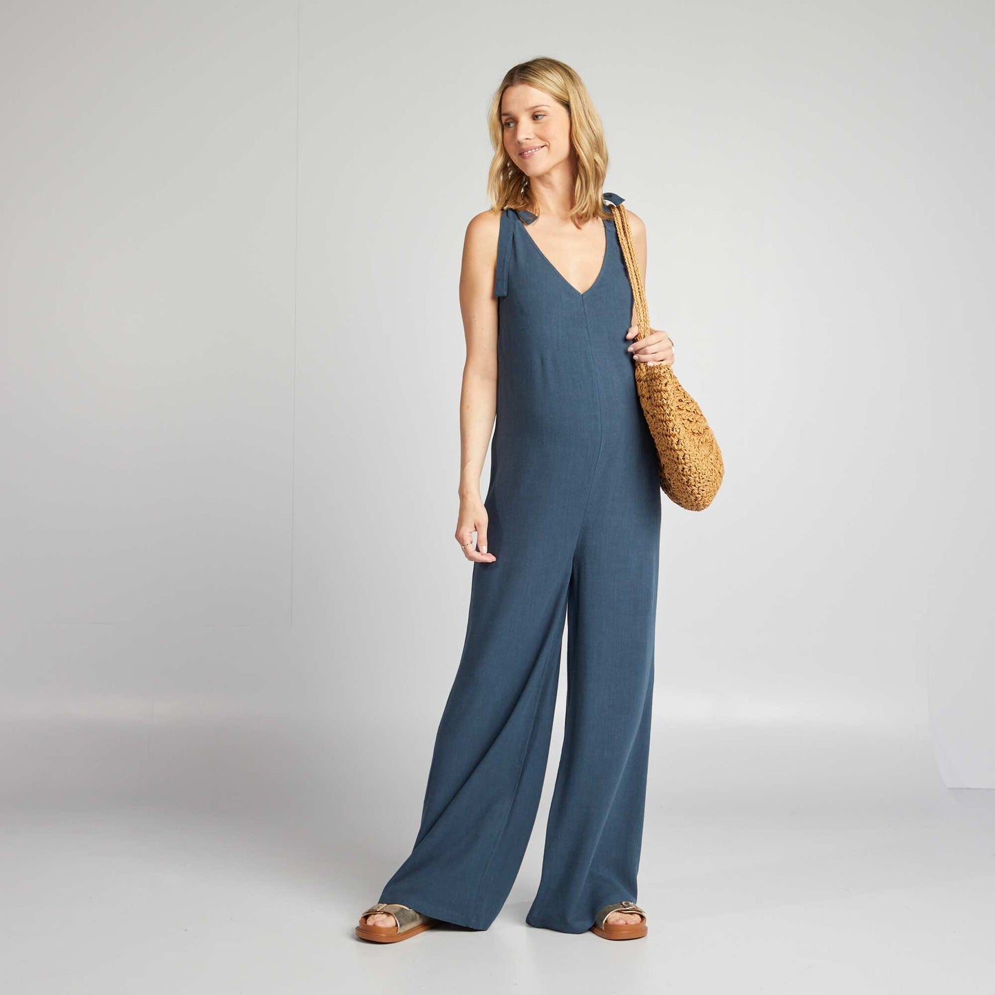 Linen blend maternity jumpsuit BLUE