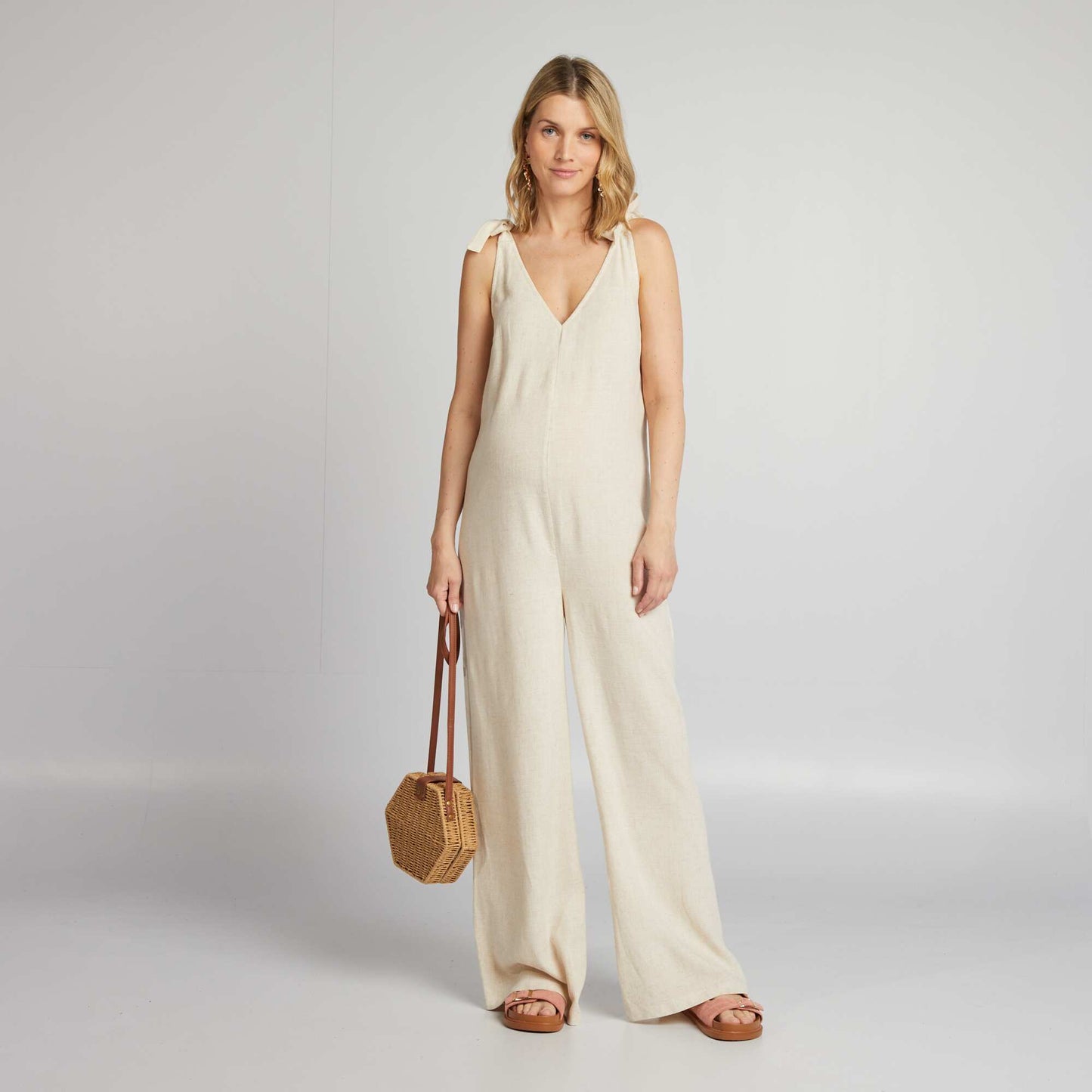 Linen blend maternity jumpsuit BEIGE