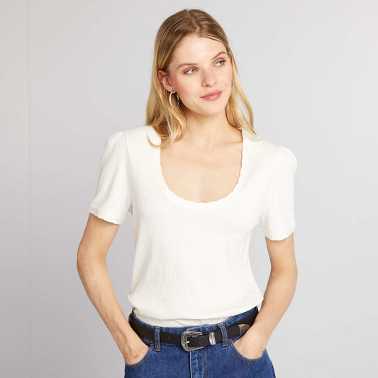 Ribbed T-shirt with scoop neck WHITE