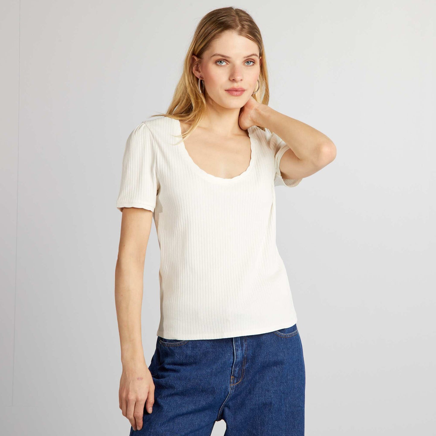 Ribbed T-shirt with scoop neck WHITE