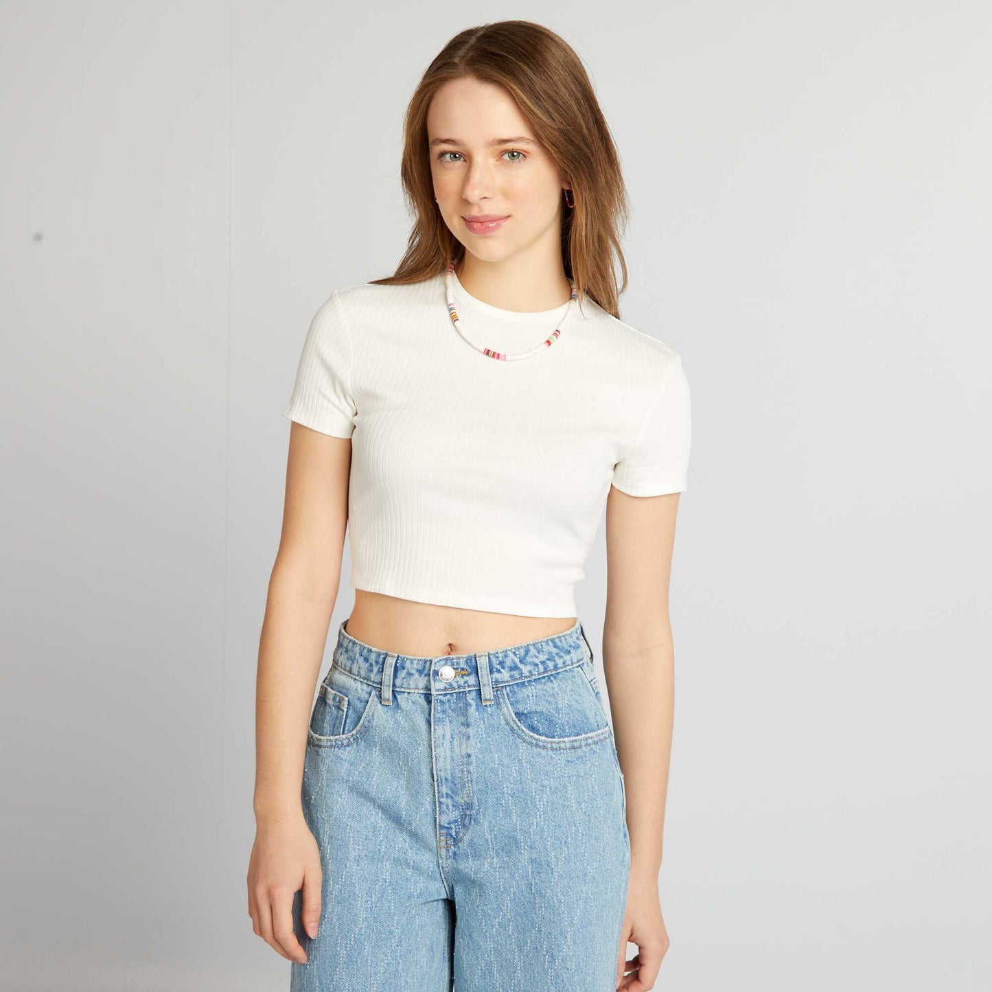 Cropped ribbed T-shirt with ties WHITE