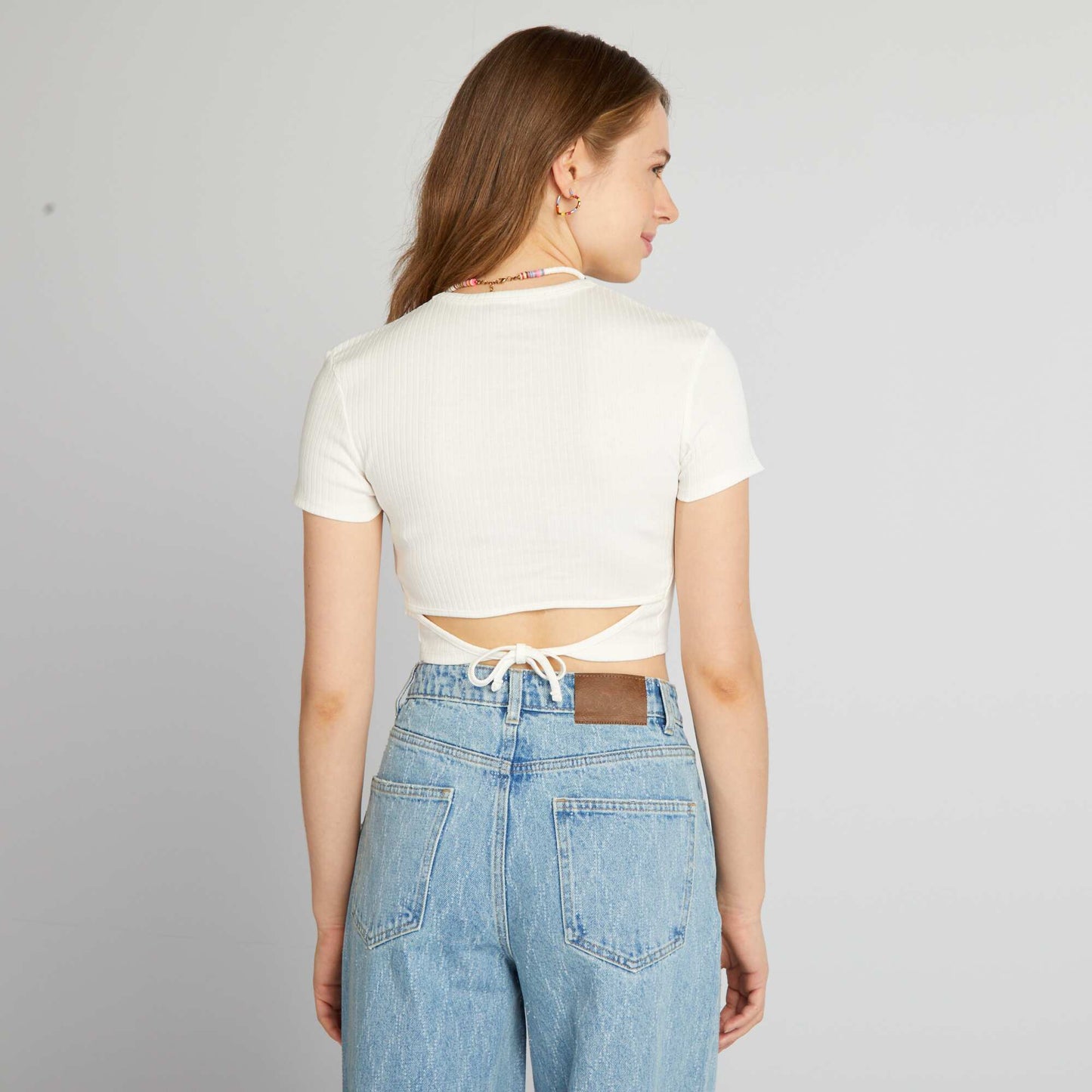 Cropped ribbed T-shirt with ties WHITE