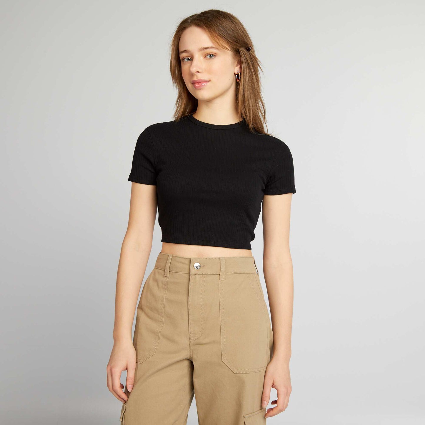 Cropped ribbed T-shirt with ties black