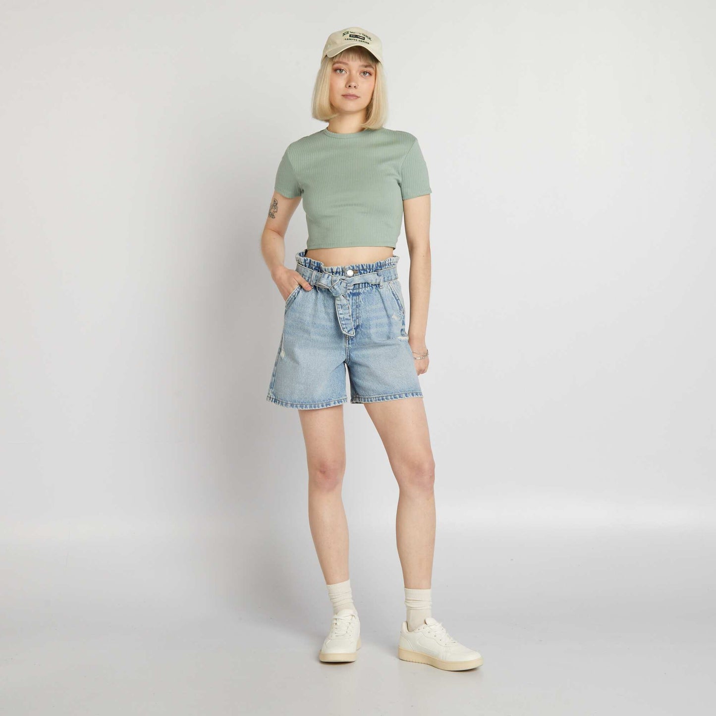 Cropped ribbed T-shirt with ties GREEN