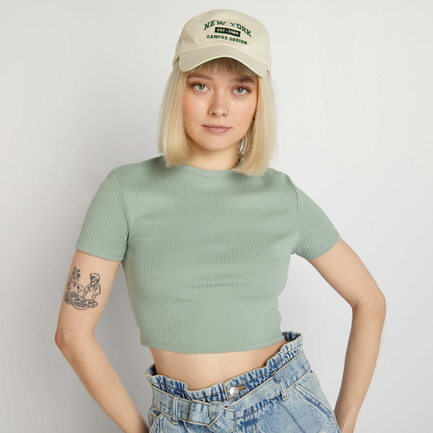 Cropped ribbed T-shirt with ties GREEN