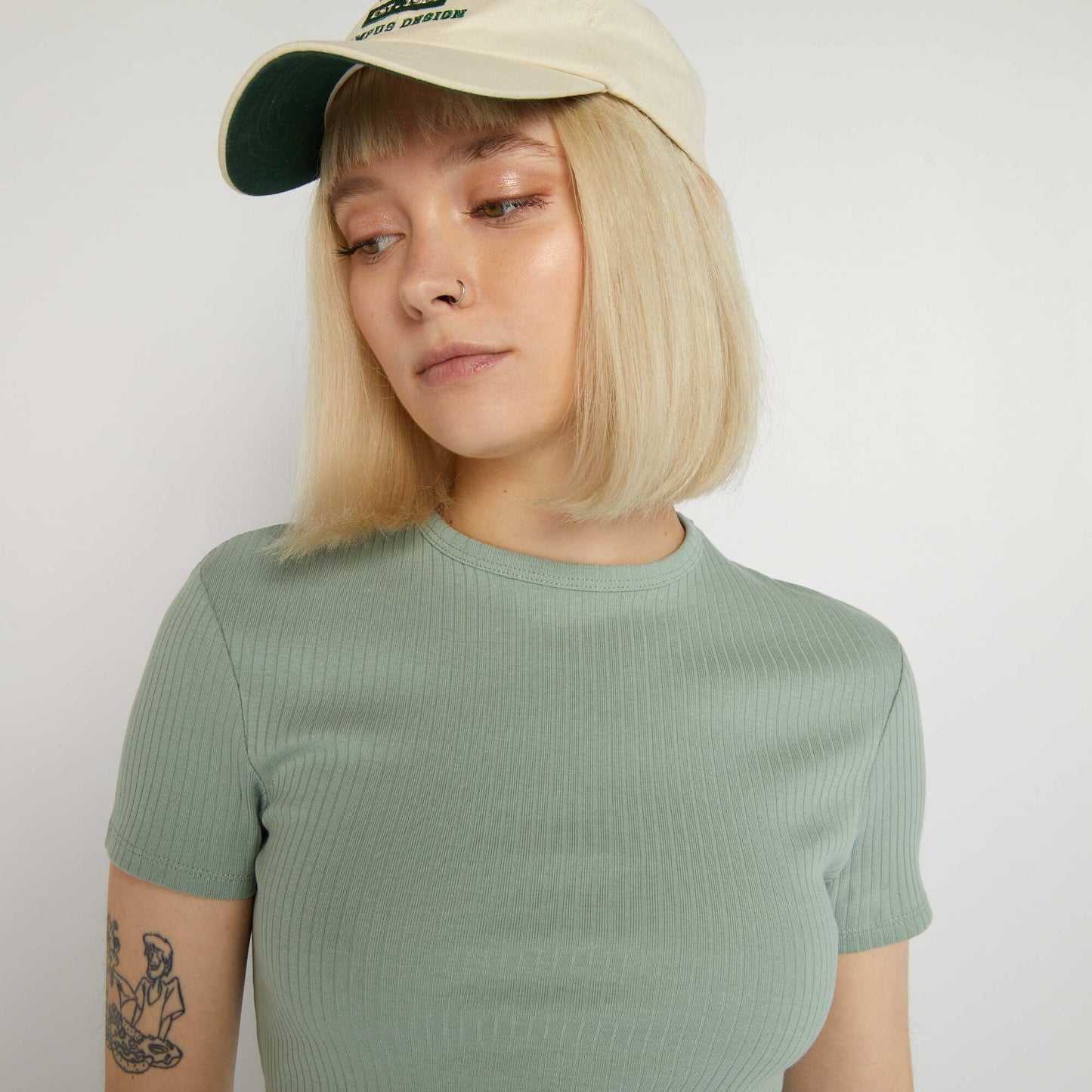 Cropped ribbed T-shirt with ties GREEN