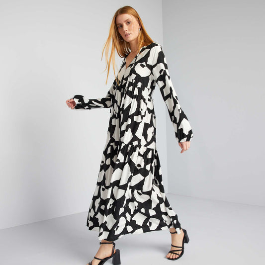 Printed midi dress with henley collar BLACK