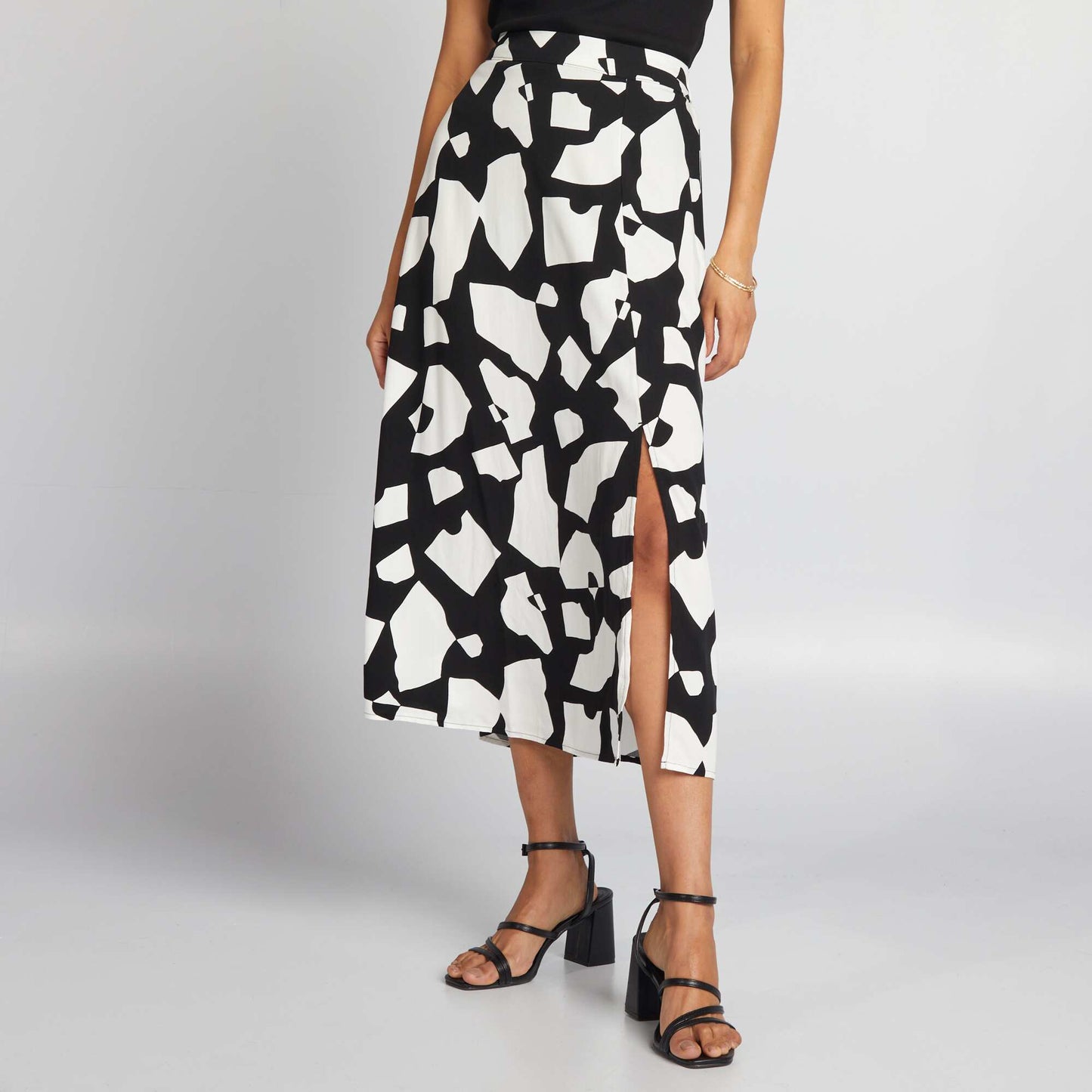 Flowing printed midi skirt BLACK