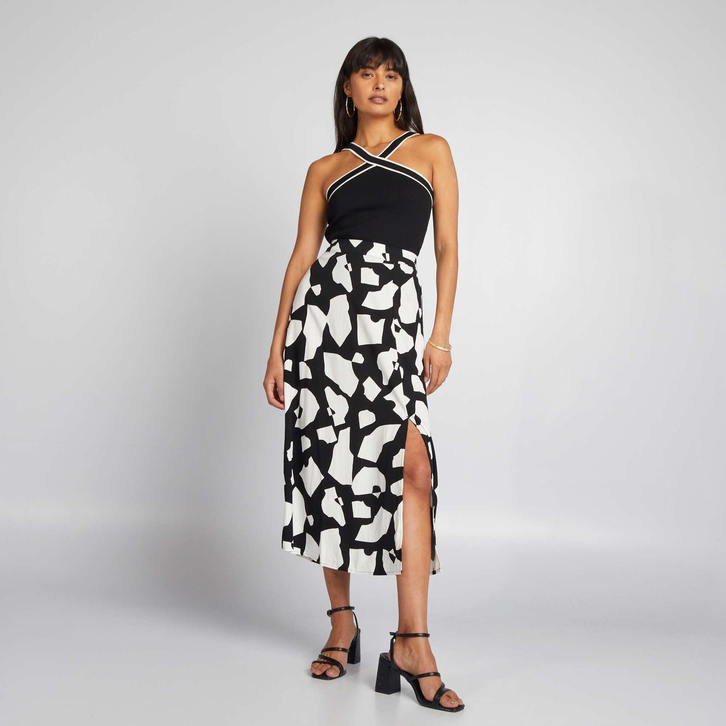 Flowing printed midi skirt BLACK