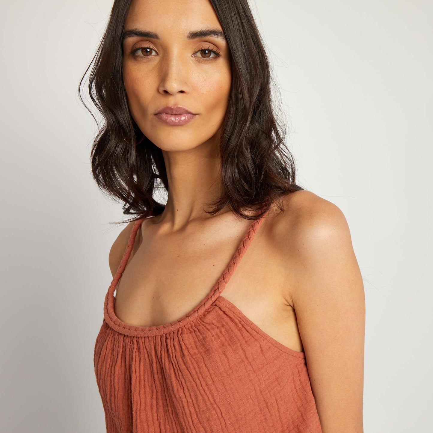 Cotton gauze top with braided straps BROWN