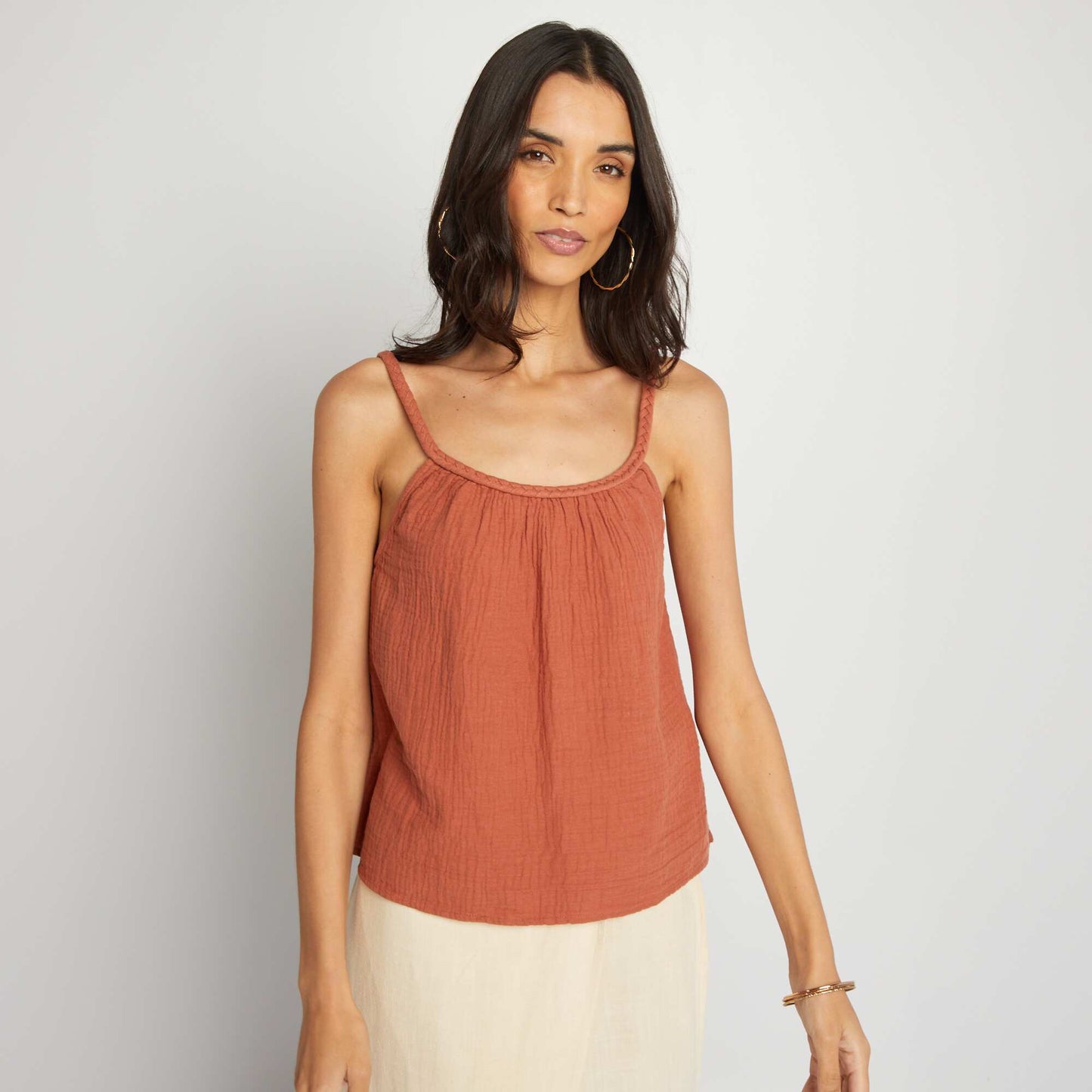 Cotton gauze top with braided straps BROWN