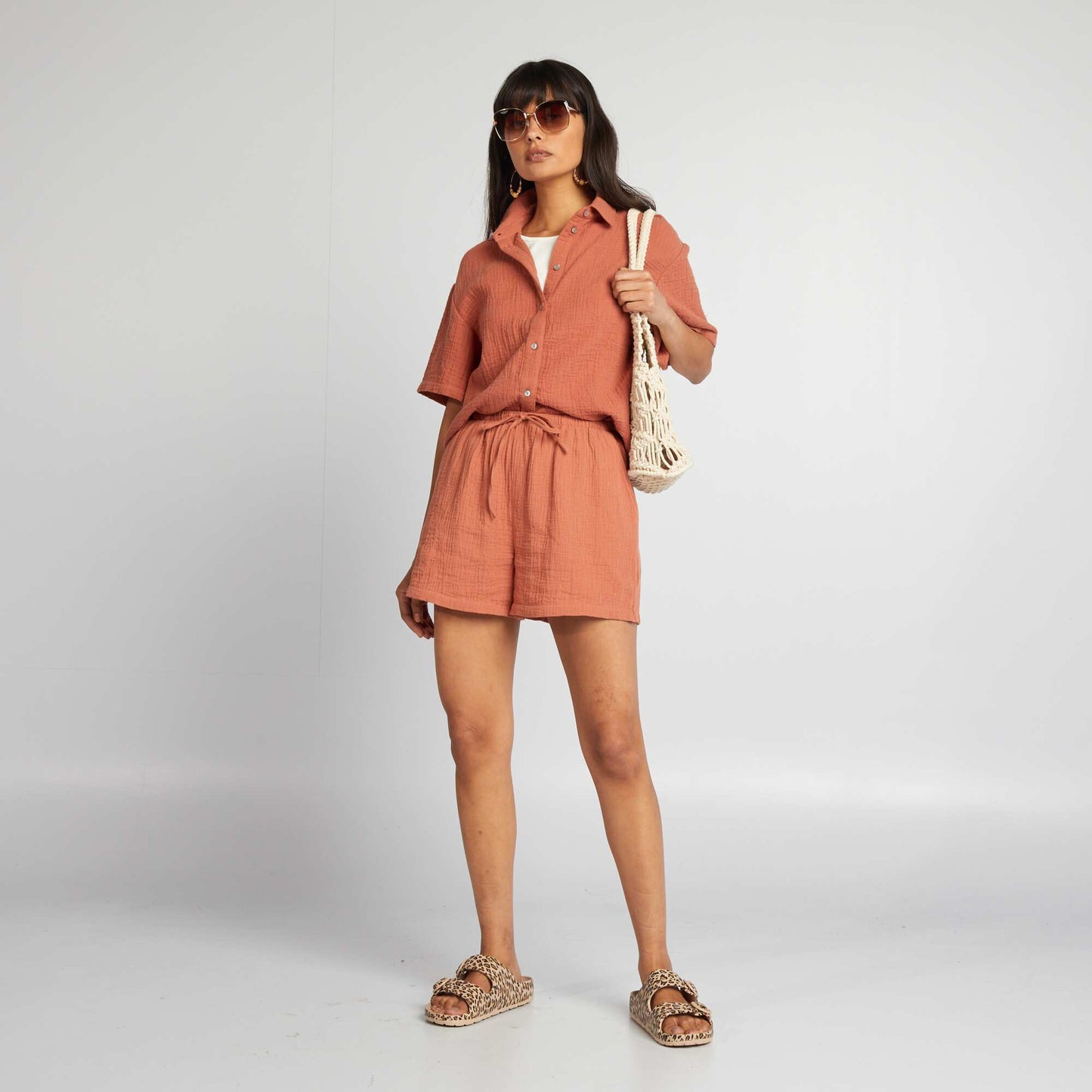 Double cotton gauze high-waisted shorts BROWN