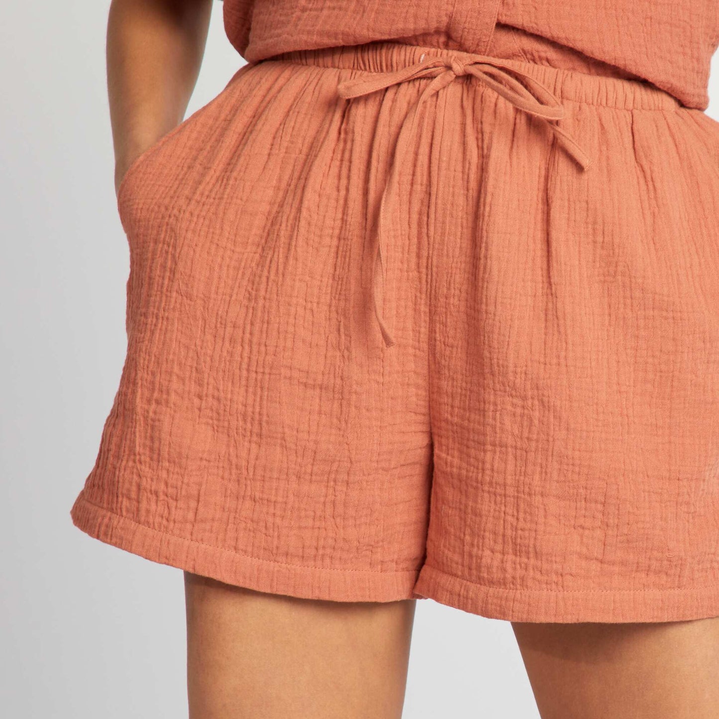 Double cotton gauze high-waisted shorts BROWN