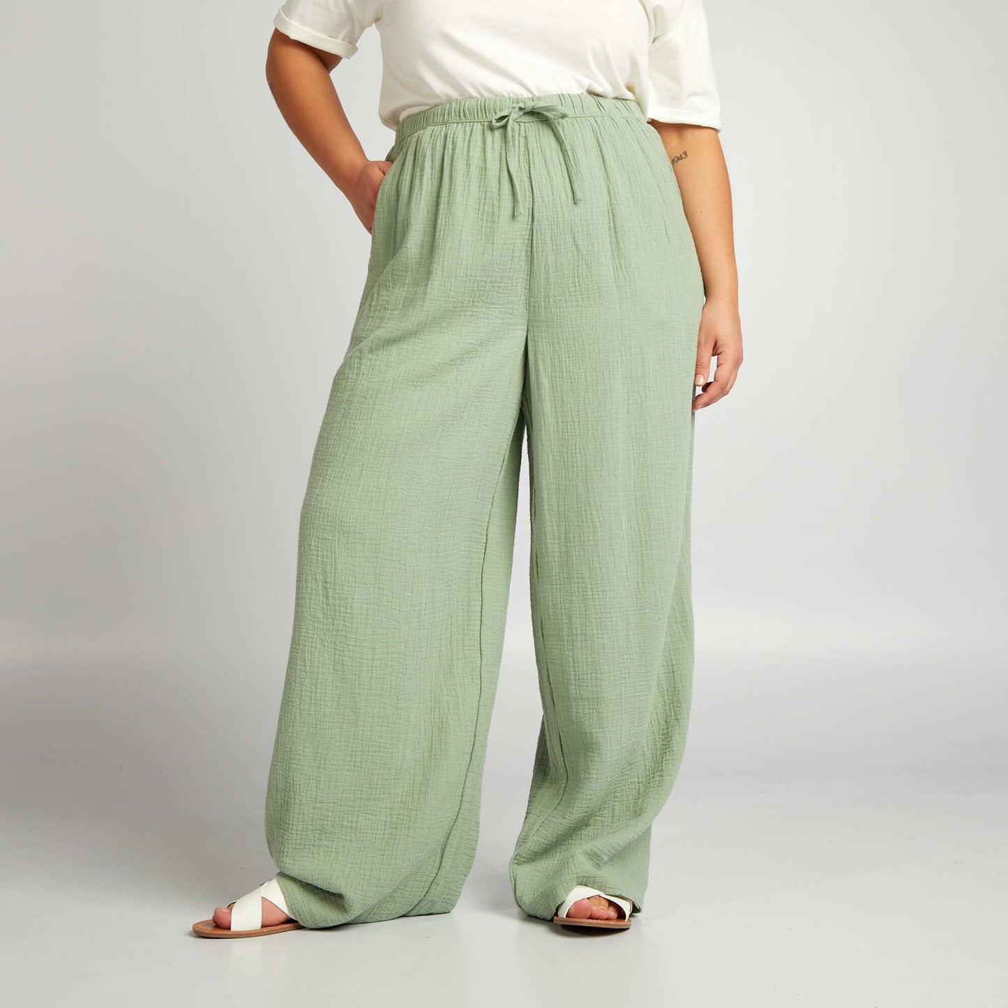 Wide-leg cotton gauze trousers GREEN