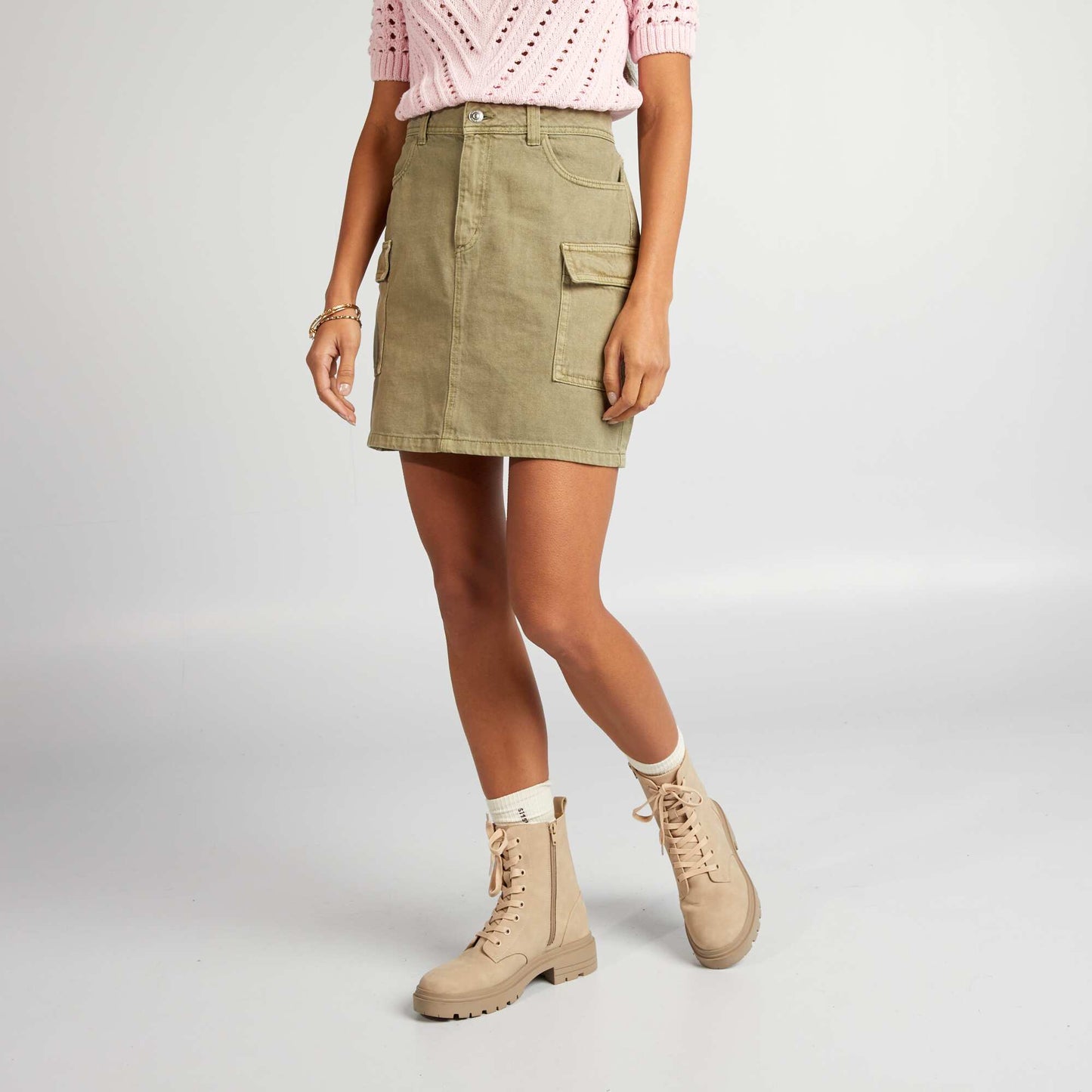 Straight denim skirt KHAKI