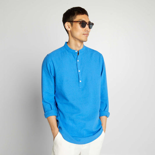 Linen-blend straight-cut shirt with mandarin collar BLUE